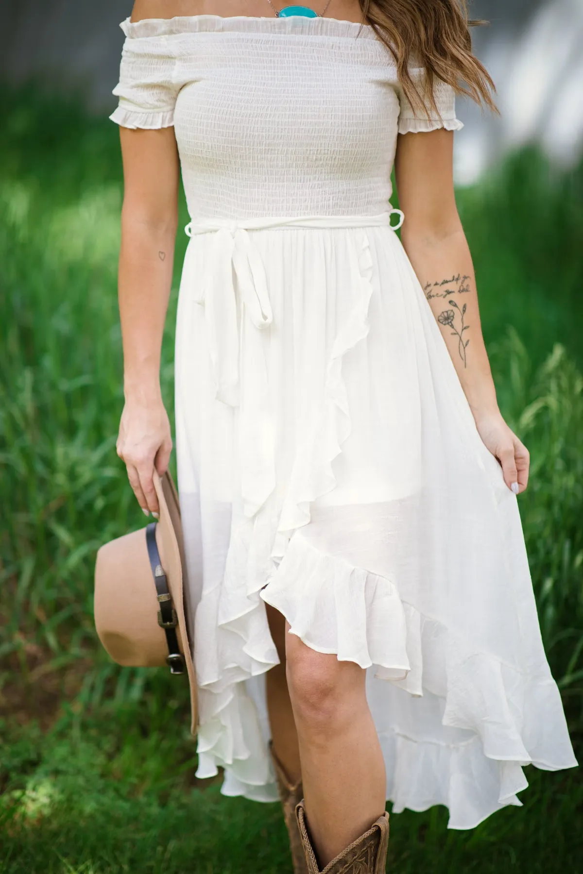 White Smocked Bodice Off The Shoulder Dress