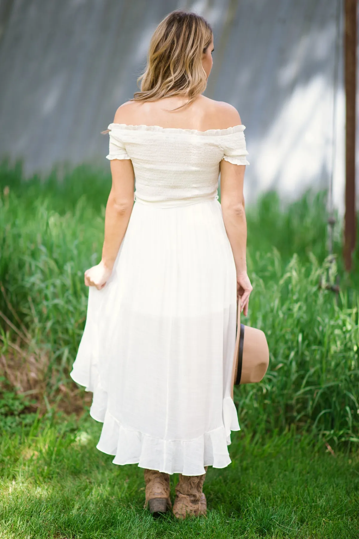 White Smocked Bodice Off The Shoulder Dress