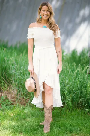 White Smocked Bodice Off The Shoulder Dress