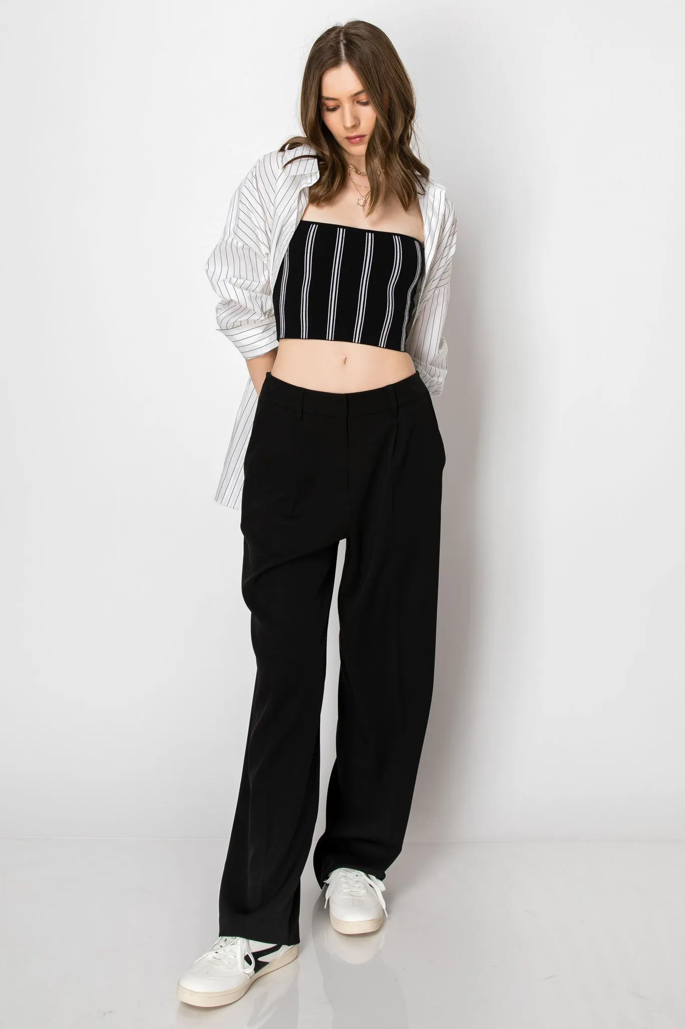 WIDE LEG BUSINESS CASUAL OFFICE TROUSERS WITH SMOCKING BACK WAIST