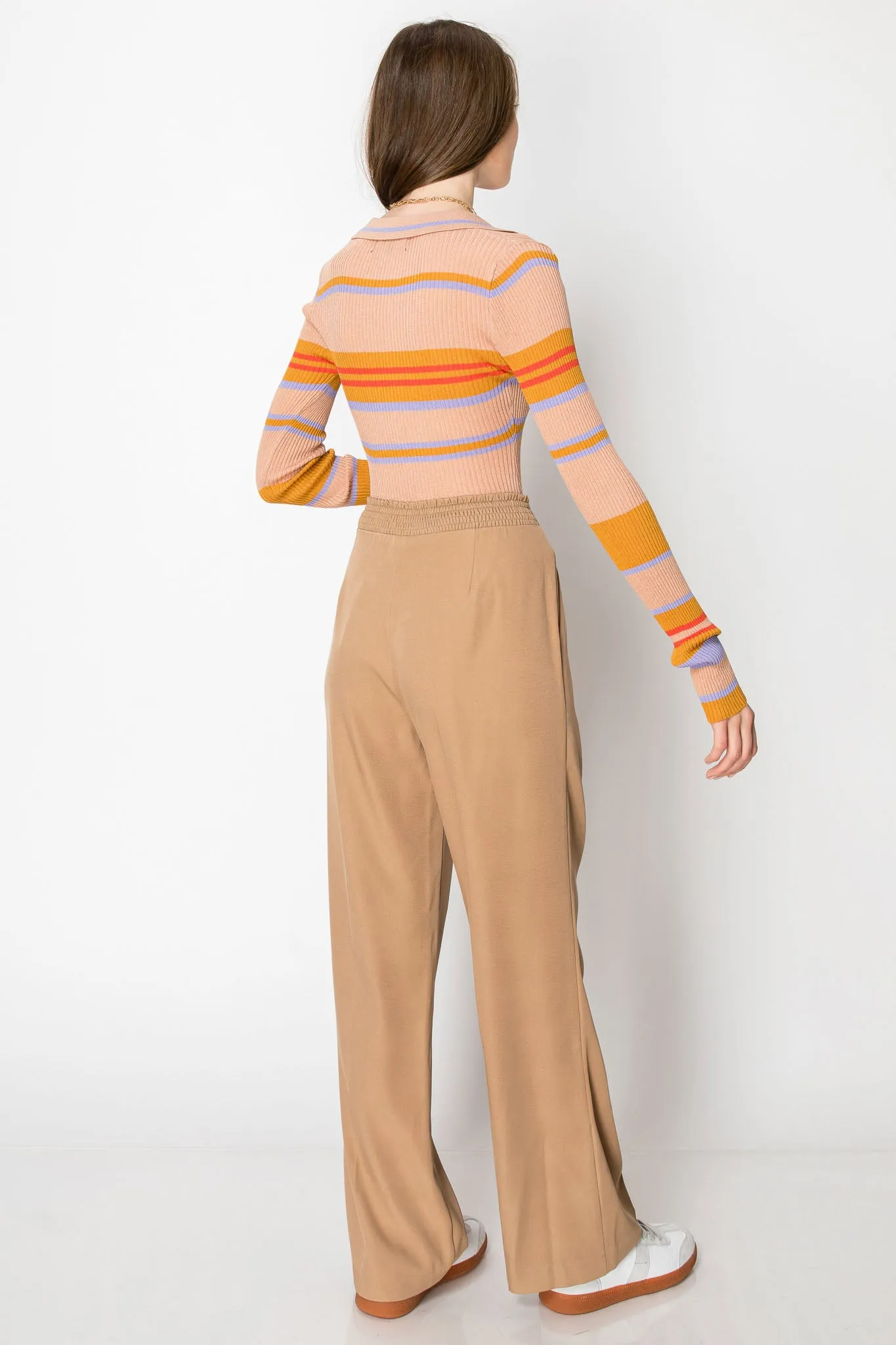 WIDE LEG BUSINESS CASUAL OFFICE TROUSERS WITH SMOCKING BACK WAIST