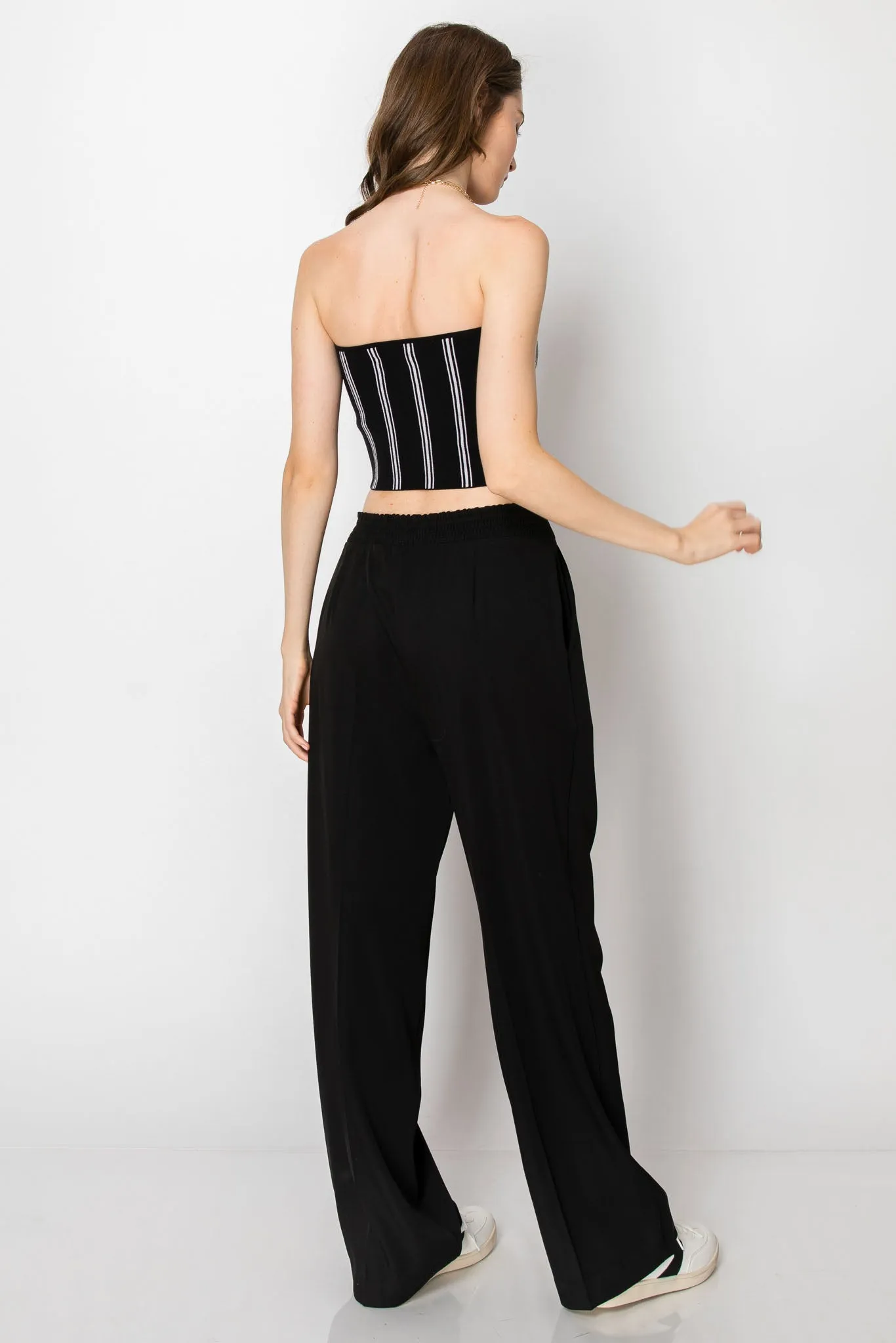 WIDE LEG BUSINESS CASUAL OFFICE TROUSERS WITH SMOCKING BACK WAIST