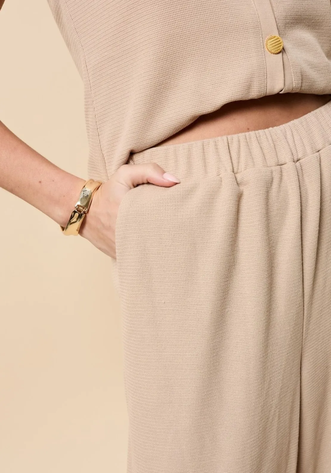 Wide Leg Knitted Trousers - Beige
