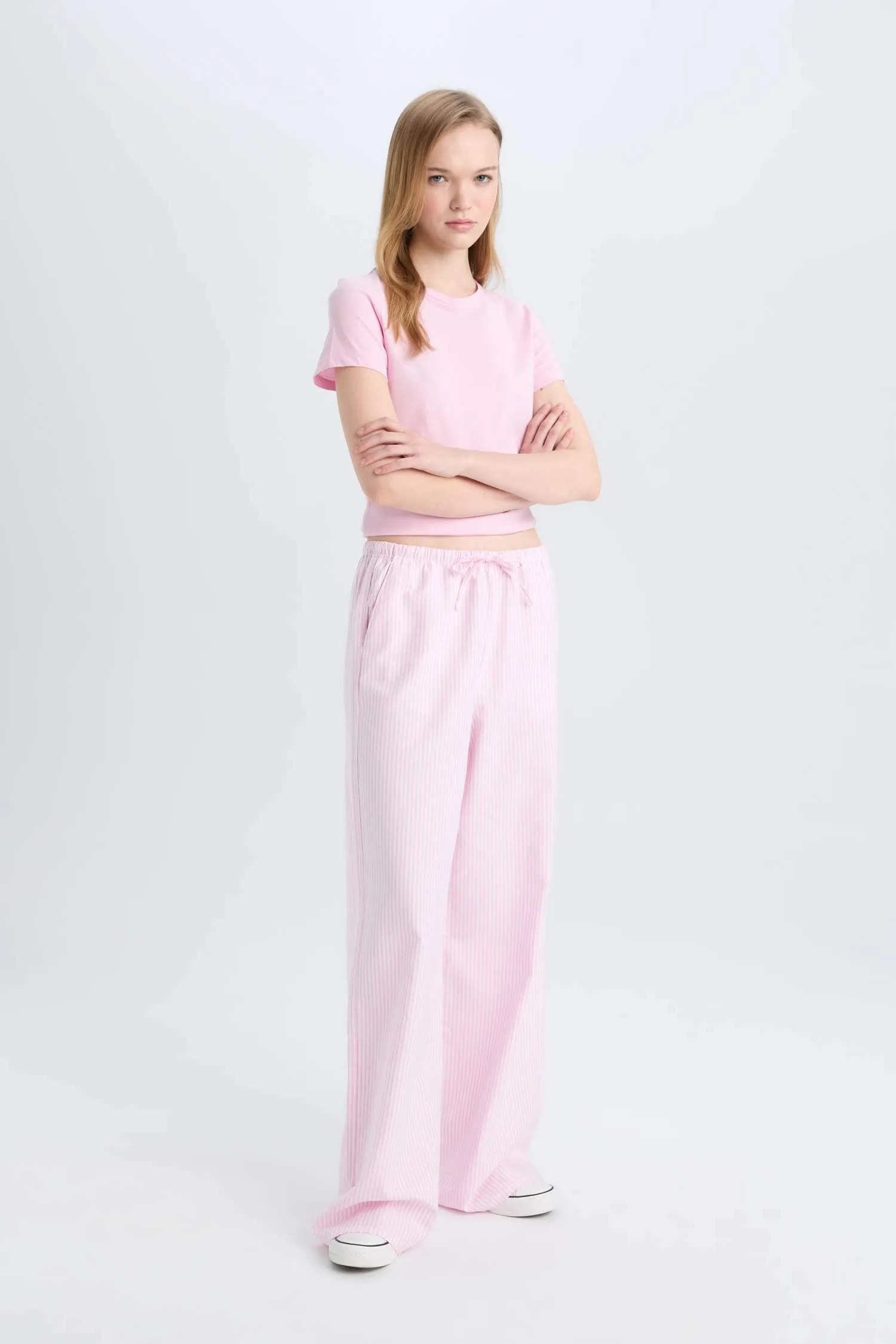 Wide Leg Striped Oxford Trousers