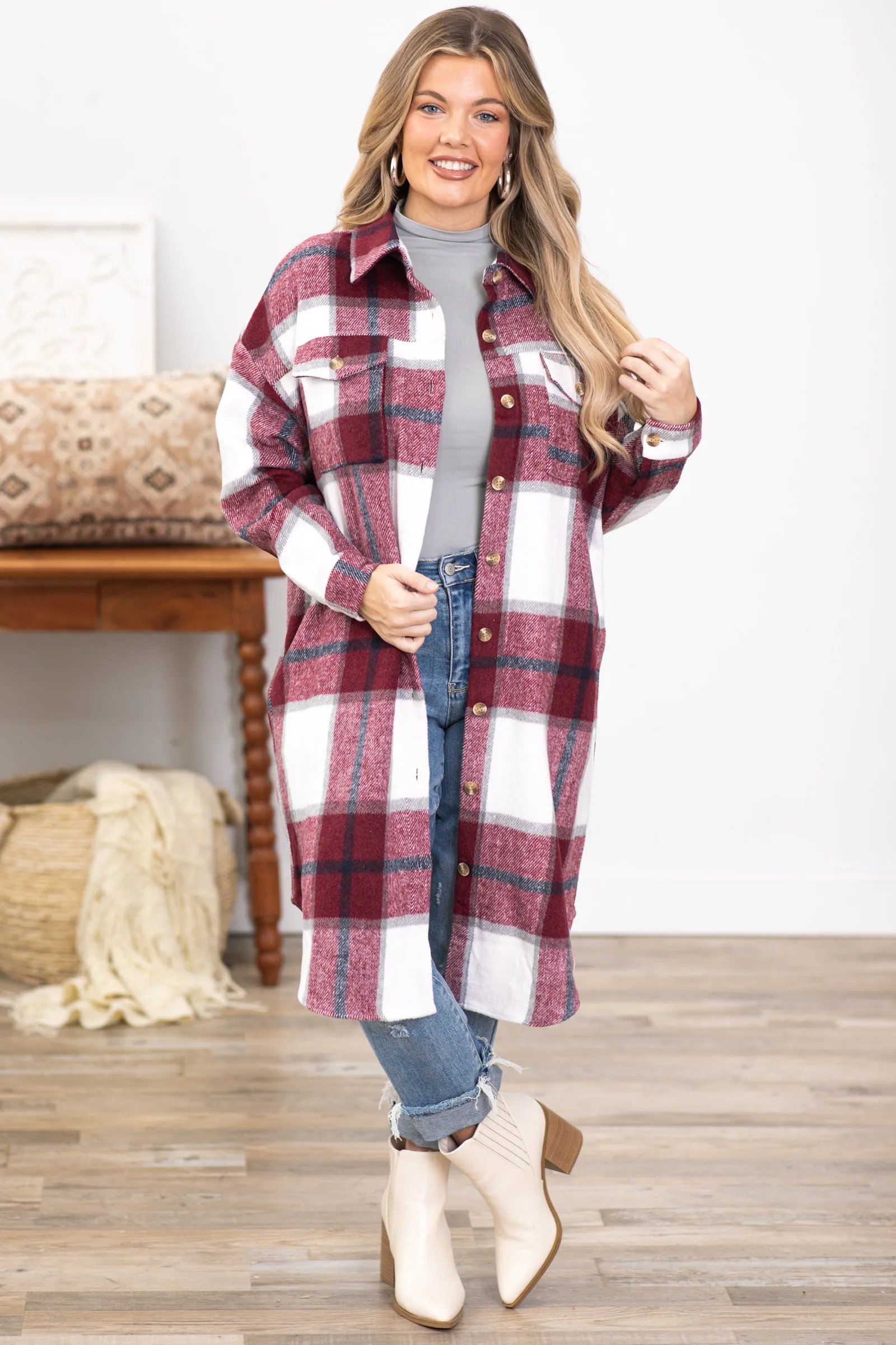 Wine and White Plaid Dolphin Hem Long Shacket