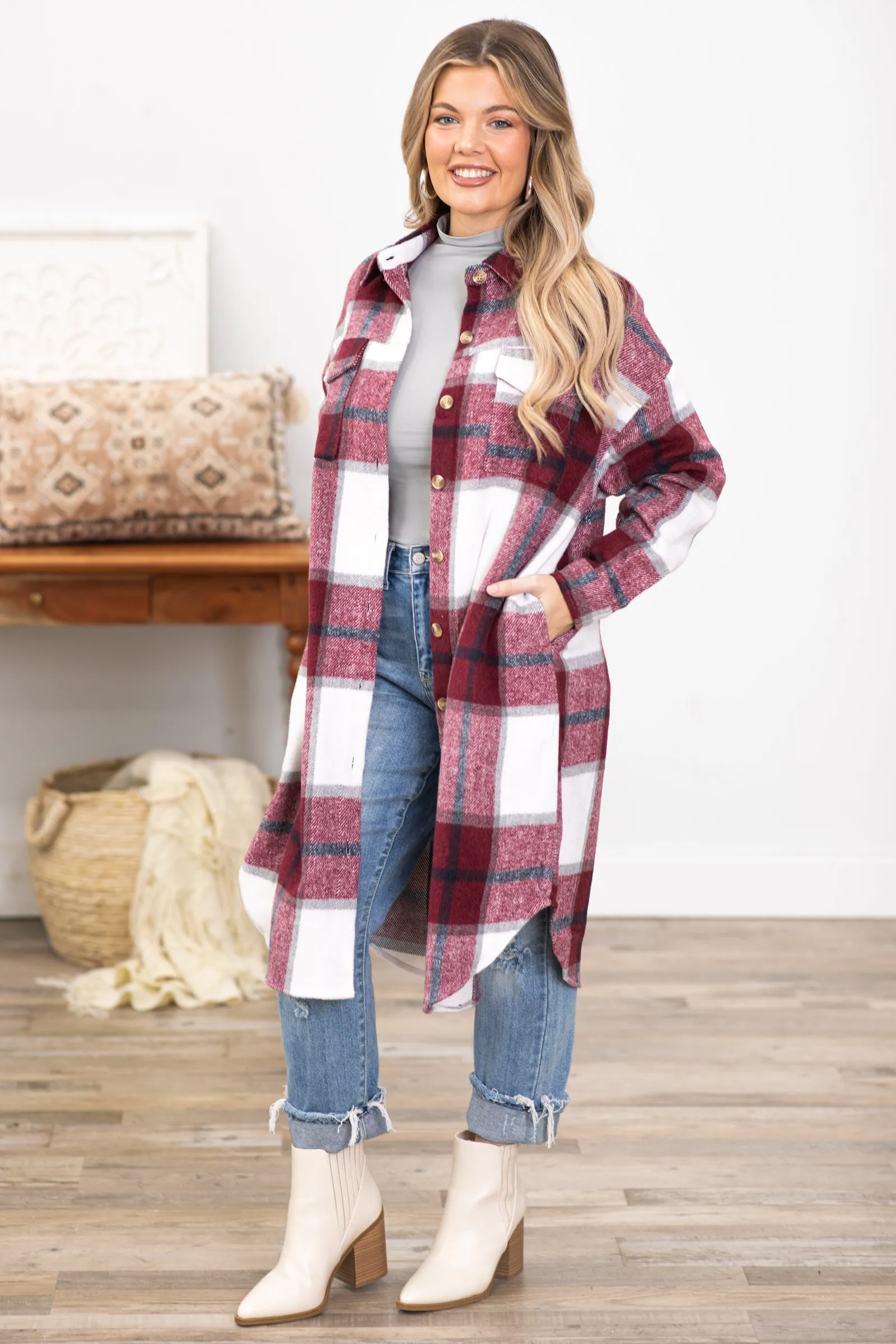 Wine and White Plaid Dolphin Hem Long Shacket
