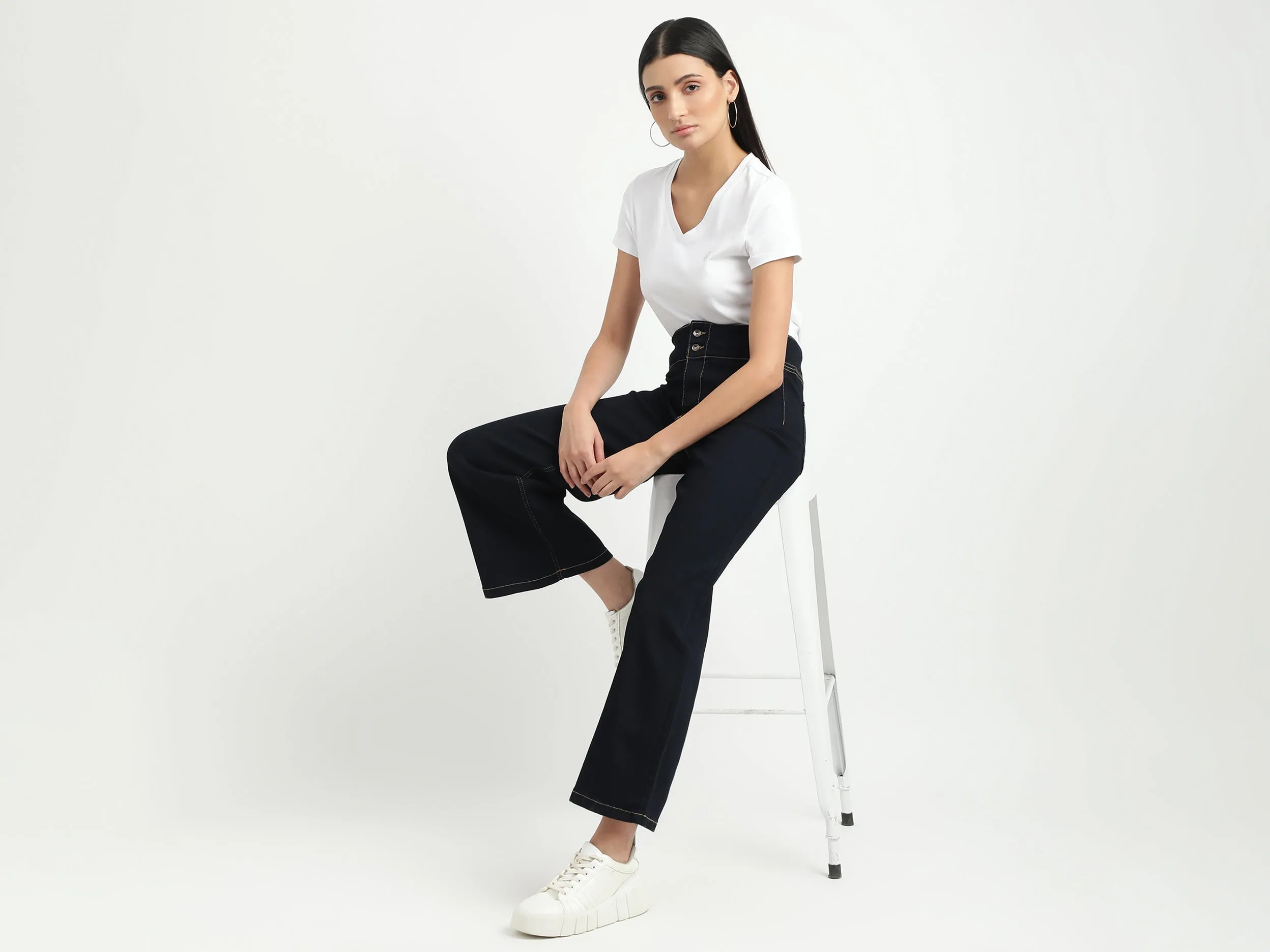Women Solid Wide Leg Jeans