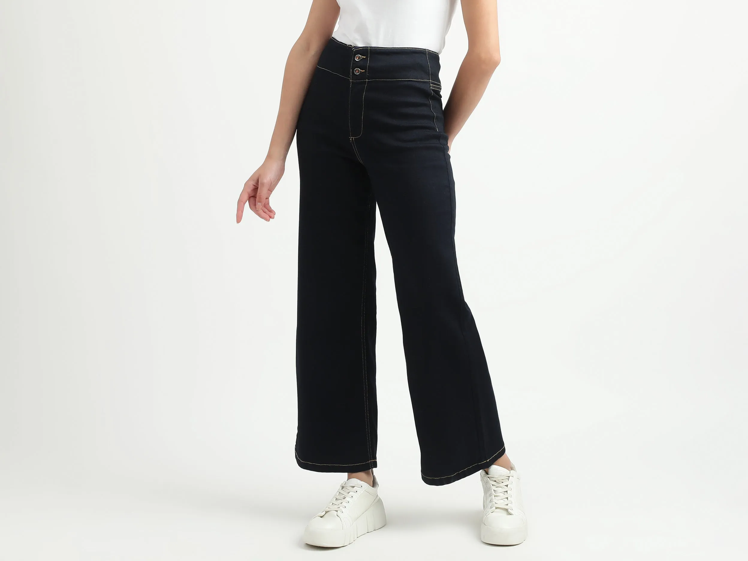 Women Solid Wide Leg Jeans