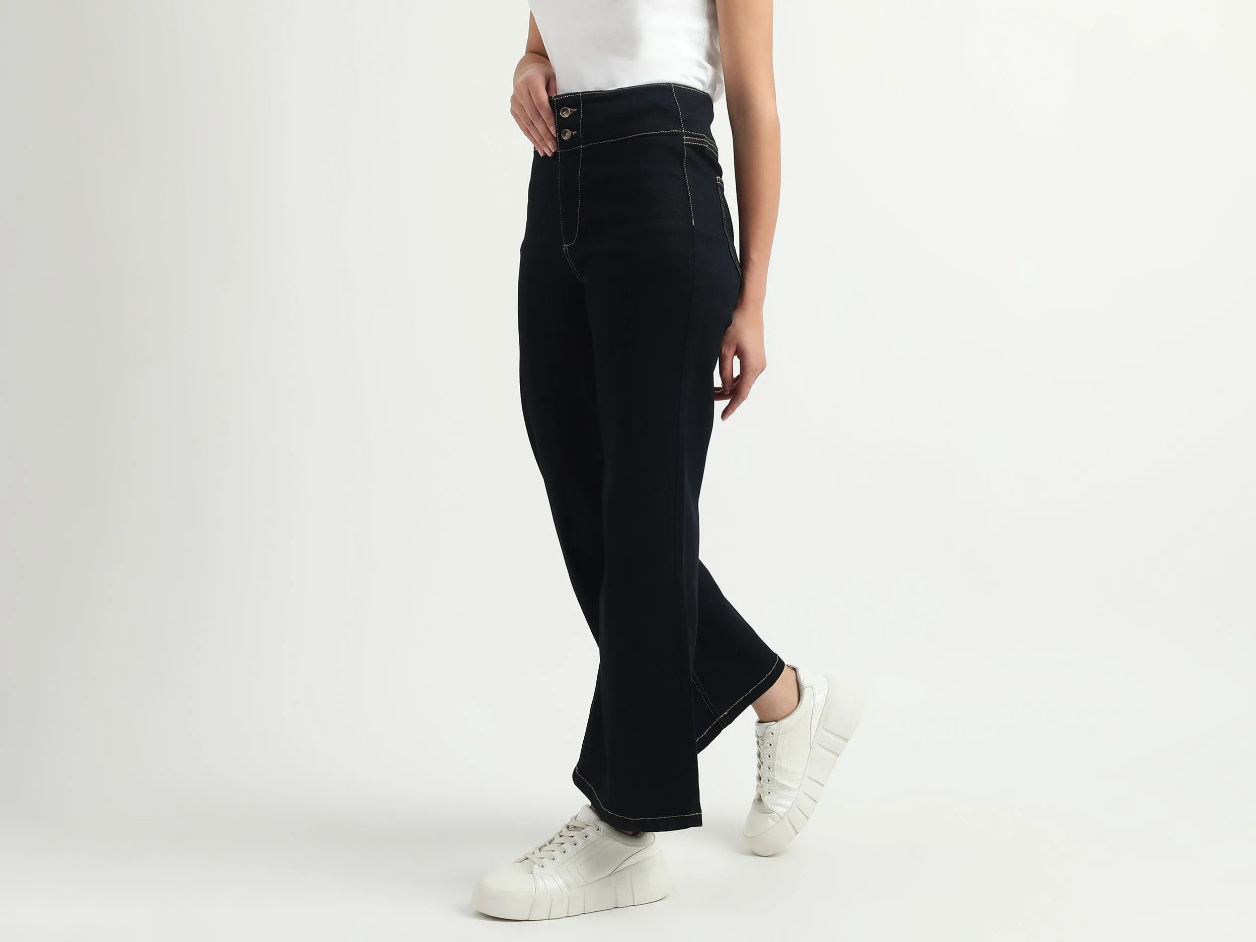 Women Solid Wide Leg Jeans