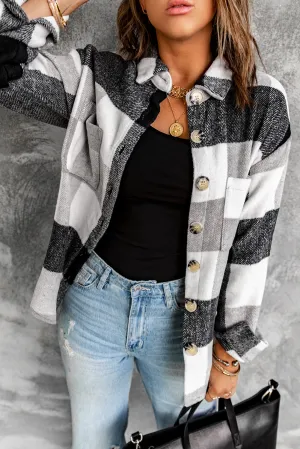 Women's Gray Plaid Color Block Buttoned Pocket Long Sleeve Shirt Jacket