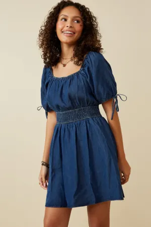 Womens Smocked Waist Tie Sleeve Denim Tencel Dress