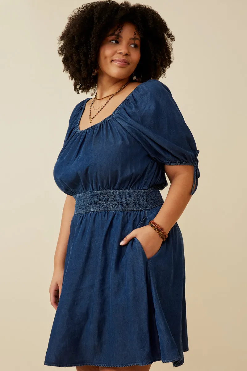 Womens Smocked Waist Tie Sleeve Denim Tencel Dress