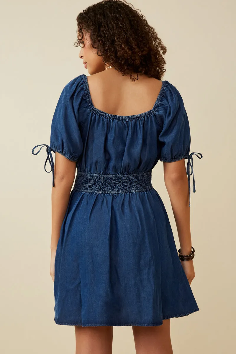 Womens Smocked Waist Tie Sleeve Denim Tencel Dress