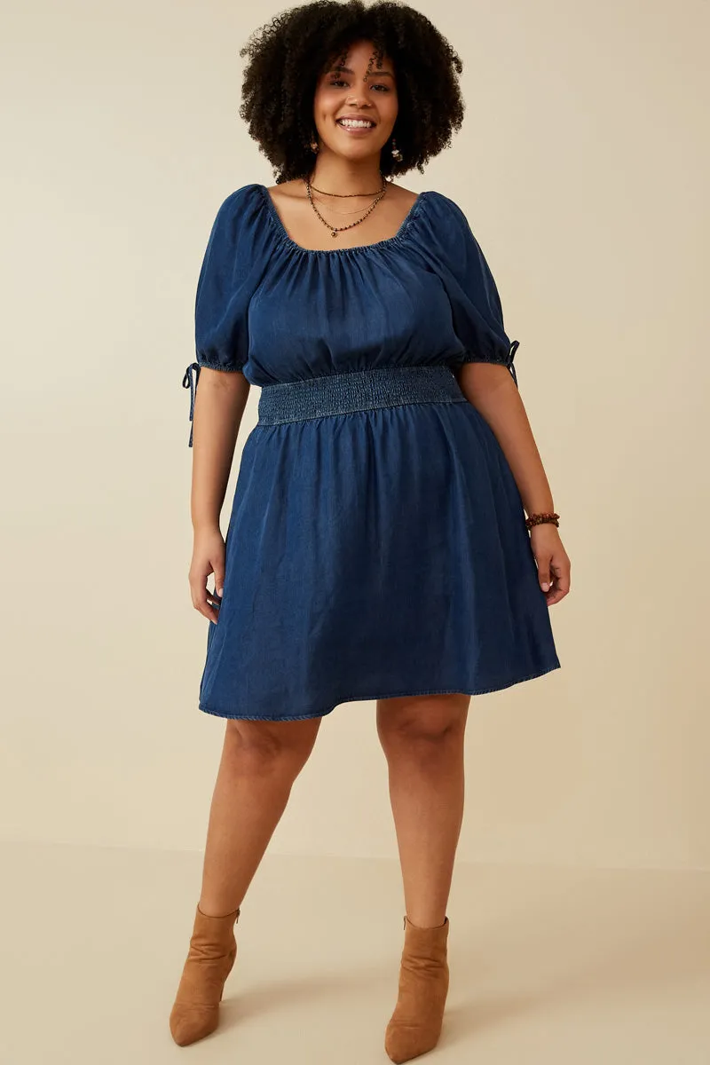 Womens Smocked Waist Tie Sleeve Denim Tencel Dress