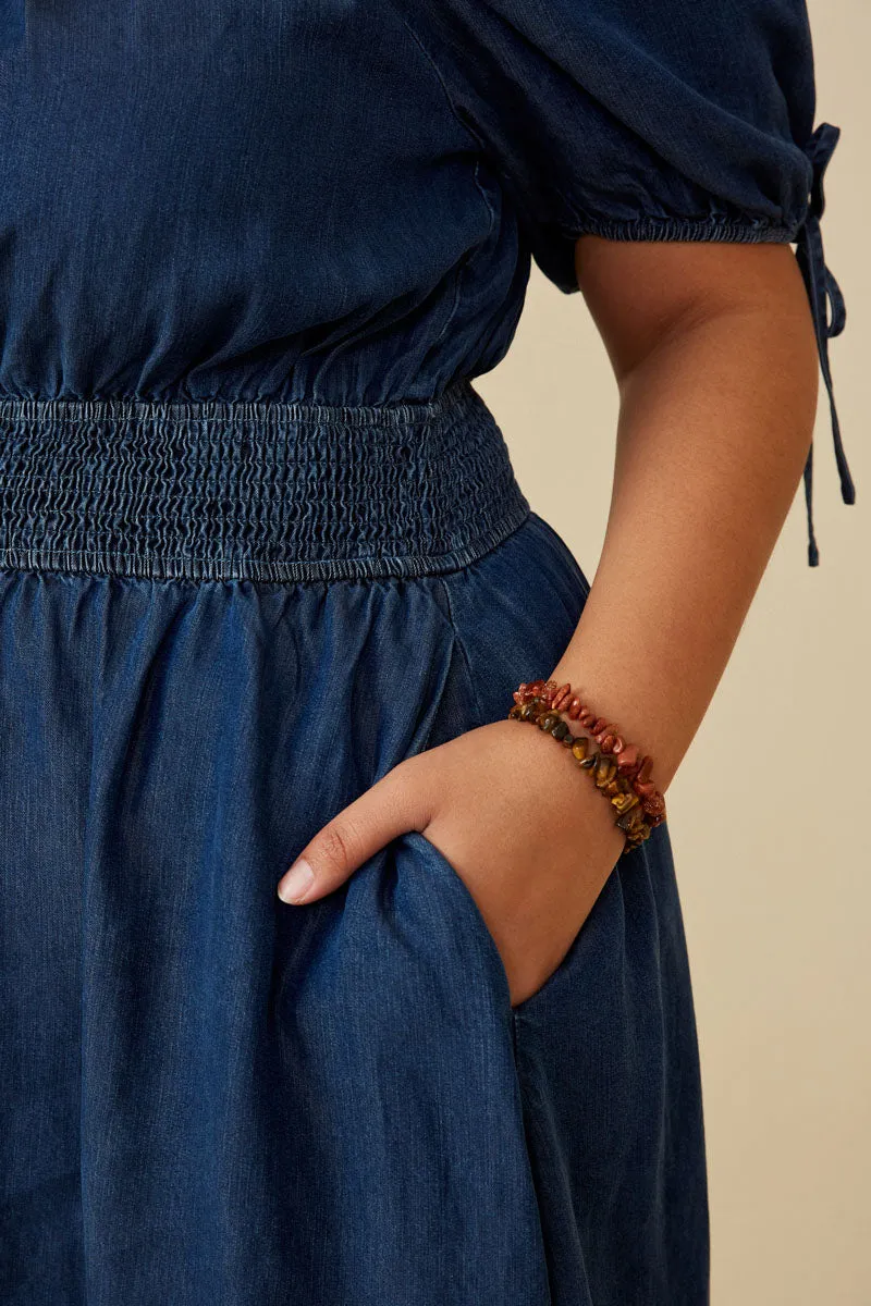 Womens Smocked Waist Tie Sleeve Denim Tencel Dress