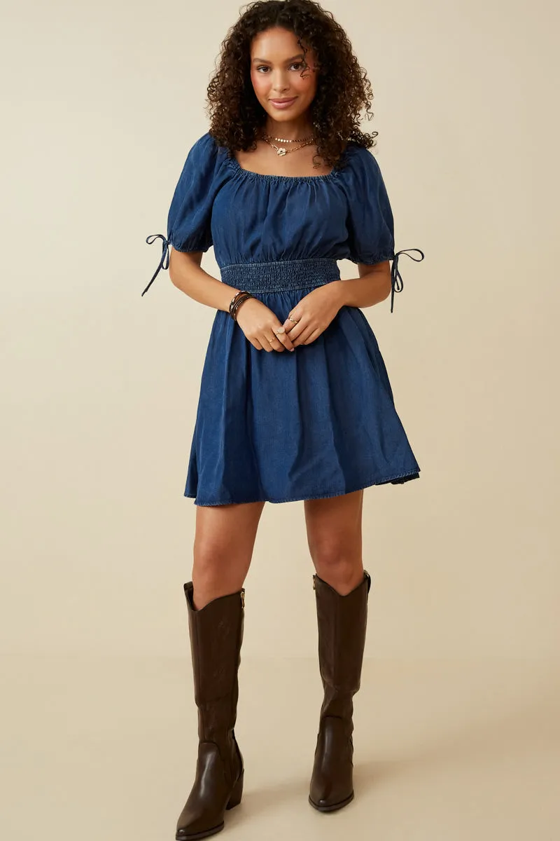 Womens Smocked Waist Tie Sleeve Denim Tencel Dress