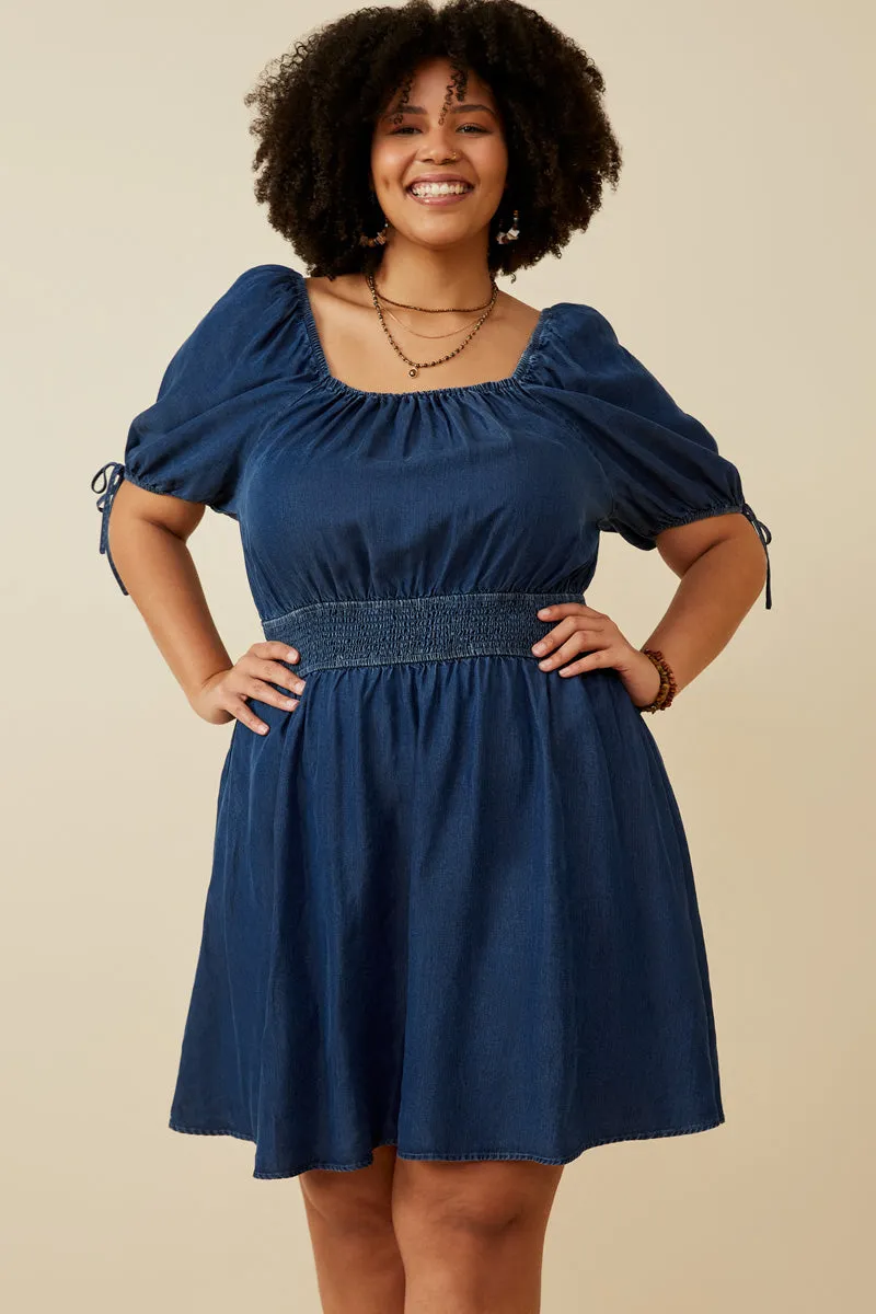 Womens Smocked Waist Tie Sleeve Denim Tencel Dress