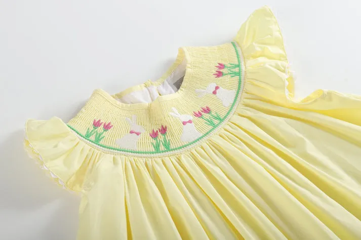 Yellow Easter Bunny and Flowers Smocked Bishop Dress