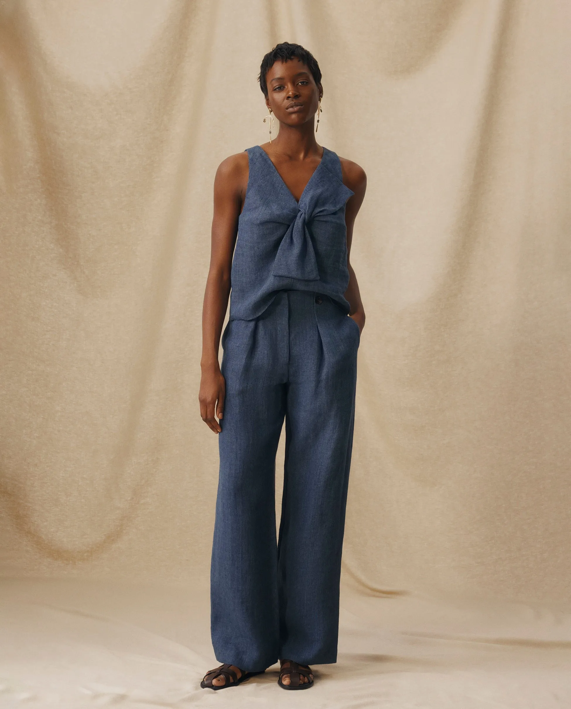 ZURI | Indigo Blue Linen Wide Leg Trousers