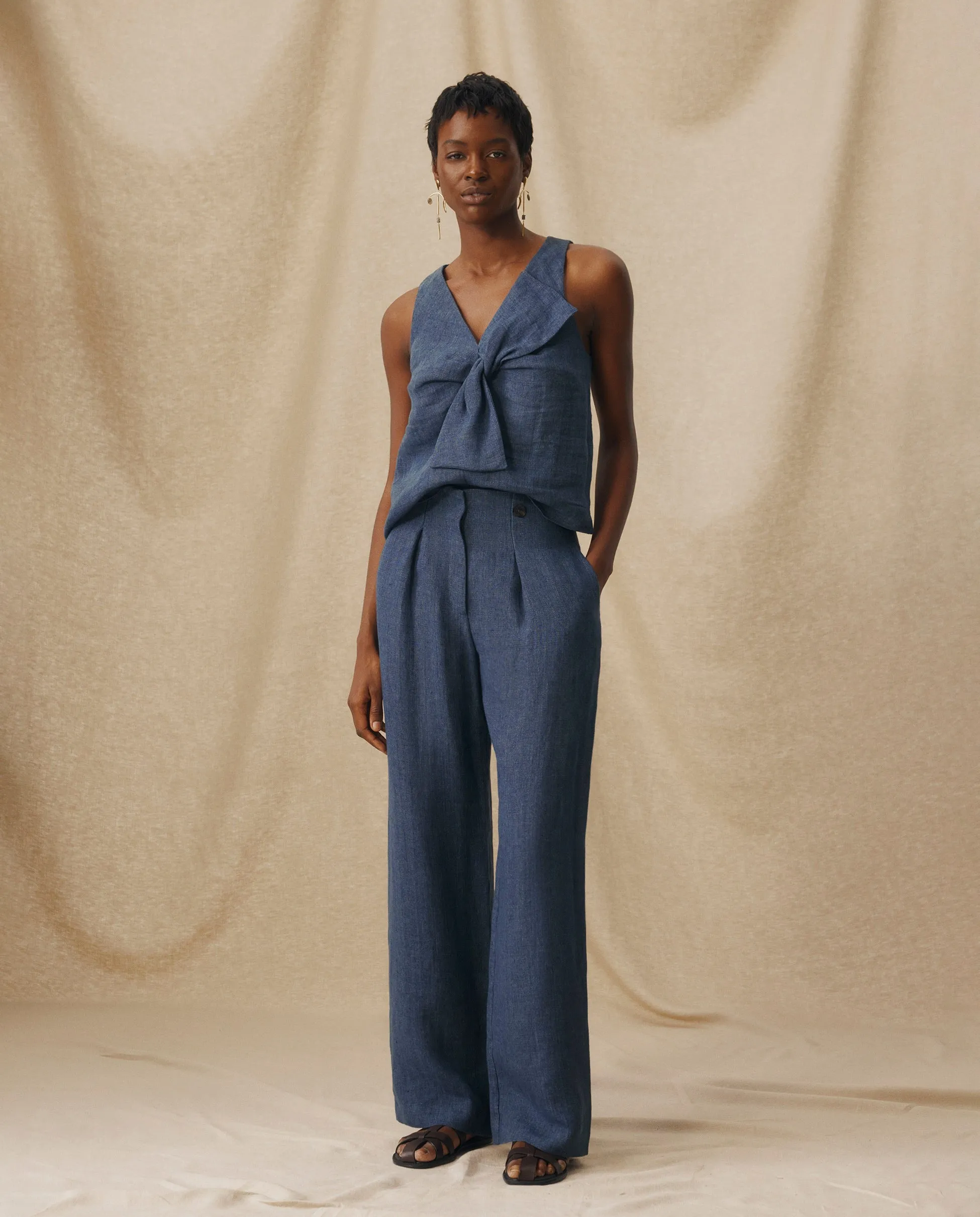 ZURI | Indigo Blue Linen Wide Leg Trousers