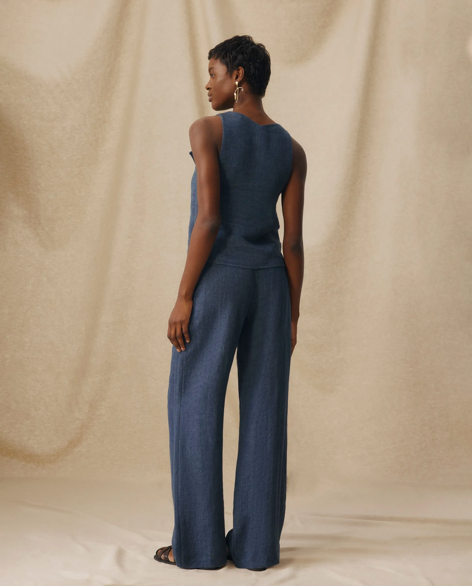 ZURI | Indigo Blue Linen Wide Leg Trousers